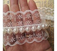 3 Yards Pearl Beaded Lace Edge Trim Ribbon 4.5 cm Width Vintage Cream Edging Trimmings Fabric Embroidered Applique Sewing Craft Wedding Dress Embellishment DIY Decor Clothes Headwear Hats Embroidery