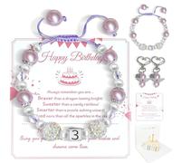 3 Year Girl Birthday Gift, Girls 3rd Bracelet with 3D Card and Keychains as 3rd B-day Gifts for Three-Year-Old Girls, Three Years Old Girl Birthday Gifts for Daughter Niece Granddaughter (Purple)