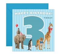 3 Year Old Kids Birthday Card - ‘Zoo Animals’ - Cute Greeting Card for Friends, Children, Grandson, Granddaughter, Niece, Nephew, Boys, Girls, Him, Her - Age Three - Comes with Fun Stickers