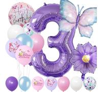 3 Year Set - Number Folienballoon, Blue Purple Birthday Decoration Butterfly, Flower Balloon, Children's Birthday Party Decoration Number 3 Balloon for Girl Boy Birthday Party Decoration