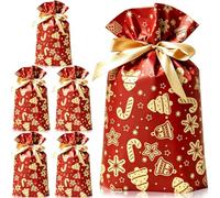 30 * 40cm Red Xmas Gift Bag,6pcs Christmas Drawstring Wrapping Bag | Red Gold Christmas Tree&Candy Canes Design Perfect for Xmas and Winter Festive Gifts Reusable Xmas Drawstring Bag