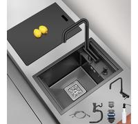 30 * 45cm Stainless Steel Kitchen Bar Sink - Invisible Small Embedded Siphon RV Single Bowl Sink with Cover & Folding Faucet, Countertop Basin for Compact Spaces