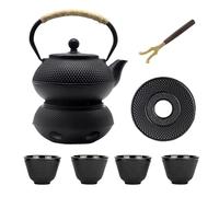 30.4oz Small Cast Iron Teapot Set with Candle Warmer, Japanese Tea Kettle for Stovetop Safe, Black Teapot and Tea Cup Set, Tea Pot with Strainer for Loose Leaf(900ml)