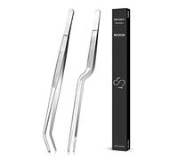 30.5cm Cooking Offset Tweezer and Curved Tong Set, Tongs Precision Serrated Tips, Stainless Steel Professional Chef Tweezer Kitchen Tools for BBQ, Plating and Serving