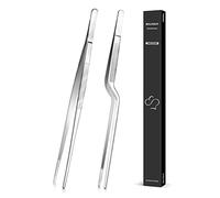 30.5cm Cooking Tweezer and Offset Tweezer Set, Tongs Precision Serrated Tips, Stainless Steel Professional Chef Tweezer Kitchen Tools for BBQ, Plating and Serving