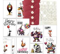 30 Bright Quirky Animals Birthday Cards with Envelopes and Wooden Seals