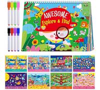 30 Dry Erase Activities Book, Reusable & Erasable Game Pad, Explore and Find Games Montessori Learning Tool Educational Autism Sensory Toys for Kids, Road Trip, Airplane, Travel (Markers Included)