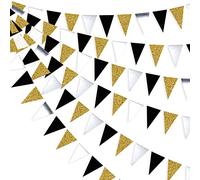 30 Feet Double Sided Glitter Paper Triangle Flag,Bunting Pennant Banner for Birthday Holiday Wedding Anniversary Graduation Theme Christmas Party Supplies Decorations.（Gold+Mirror-like silver+Black)