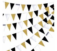 30 Feet Double Sided Glitter Paper Triangle Flag,Bunting Pennant Banner for Birthday Holiday Wedding Anniversary Graduation Theme Christmas Party Supplies Decorations.（Gold+Mirror-like silver+Black)