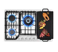30 Inch Built-In Gas Cooktop with Griddle, 5 Italy SABAF Powerful Burners Over 92% High Efficiency, Max 48300BTU Gas Stove Top, 304 Stainless Steel Panel, NG/LPG Convertible, CSA Certified