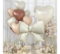 30 Inch Cream Brown Heart Balloons, Large Bow Foil Balloons, 10Pcs 38" Giant Beige Bow-knot Balloon with 18" Nude Neutral Heart Shape Helium Balloon Set for Boho Bear Birthday Baby Shower Wedding