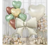 30 Inch Green Gold Brown Heart Balloons, Large Bow Foil Balloons, 10Pcs 38" Giant Cream Bow-knot Balloon with 18" Green Neutral Heart Shape Helium Balloon Set for Boho Baby Shower Woodland Birthday