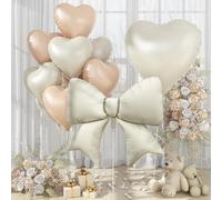 30 Inch Neutral Beige Heart Balloons, Large Bow Foil Balloons, 10Pcs 38" Giant Cream Bow-knot Balloon with 18" Nude Apricot Heart Shape Helium Balloon Set for Boho Theme Baby Shower Birthday Wedding