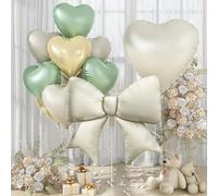 30 Inch Sage Green Gold Heart Balloons, Large Bow Foil Balloons, 10Pcs 38" Giant Cream Bow-knot Balloon with 18" Green Beige Heart Shape Helium Balloon Set for Jungle Woodland Baby Shower Birthday