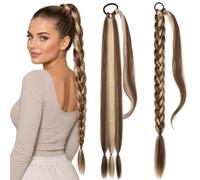 30 Inch Sandy Mocha Braided Ponytail Extension for Women - Long Highlighted Plait Hairpiece with Elastic Band, Wrap Around Ponytail Hair Extension for Daily Glam, Holidays, Festivals & Nights Out