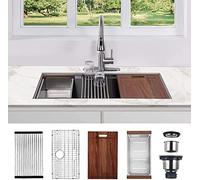 30 inch Undermount Workstation Sink, Hausinluck Stainless Steel Undermount Kitchen Sink 18 Gauge, Handmade Single Bowl Kitchen Sink Round Corner with Integrated Ledge and Accessories (Pack of 5)