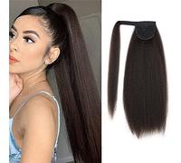 30 Inches Afro Kinky Straight Wrap Around Ponytail Long Afro Yaki Straight Ponytail Extensions for Women Girls Pony Tails Hair Pieces Brown Black