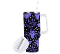 30 oz Tumbler with Straw & Handle - 2 in 1 Lids Leak Proof Tumblers - Large Insulated Stainless Steel Cup - BPA-Free Water Bottle Travel Metal Mug for Women Man,Black Purple Goth Bats Cartoon Moon