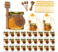 30 PACK 1.5 oz Mini Glass Honey Jar, Small Hexagonal Honey Jars with Wooden Dipper Gold Lid Bee Charms Gold Gift Bags and Rope for Baby Shower Wedding Party Favors