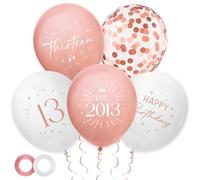 30 Pack 13th Birthday Balloons Decorations - Rose Gold 13 Party Decor for Girls Thirteen Balloon with Ribbon, Retro Vintage Classic EST. 2013 Happy 13th Birthday Decoration