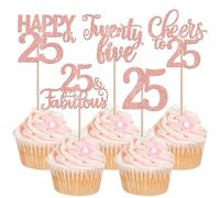 30 Pack 25th Birthday Cupcake Toppers Glitter Twenty-five Cheers to 25 Cupcake Picks Hello 25 Cake Decorations for Happy 25th Birthday Anniversary Party Supplies Rose Gold