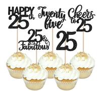 30 Pack 25th Birthday Cupcake Toppers Glitter Twenty-five Cheers to 25 Cupcake Picks Hello 25 Cake Decorations for Happy 25th Birthday Anniversary Party Supplies Black