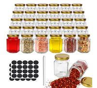 30 Pack 3oz Hexagonal Glass Jars with Gold Lids, 90ml Clear Glass Canning Jars Honey Jars Spice Jars Mason Jars for Herb, Jams, Shower Favors, Wedding Favors, Craft, 1 Pen and Labels Included