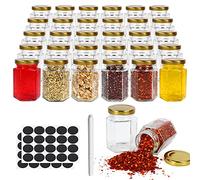 30 Pack 4oz Hexagonal Glass Jars with Gold Lids, 120ml Clear Glass Canning Jars Honey Jars Spice Jars Mason Jars for Herb, Jams, Shower Favors, Wedding Favors, Craft, 1 Pen and Labels Included