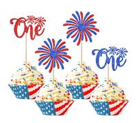 30 Pack 4th of July 1st Birthday Cupcake Toppers Glitter Happy Independence Day Cupcake Picks First Birthday Baby Shower Cupcake Decorations for Independence Theme Party Supplies Blue Red
