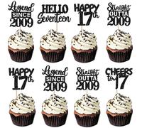 30 Pack Black 17th Birthday Cupcake Toppers Glitter Seventeen Happy 17th Birthday Cupcake Picks for Cheers to 17 Years Wedding Anniversary Party Decoration Supplies