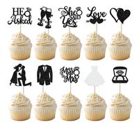 30 Pack Bride to be Cupcake Toppers Glitter Diamond Ring Love I Do Cupcake Picks Miss to Mrs He Asked She Said Yes Bridal Shower Wedding Engagement Bachelorette Cake Decorations Party Black