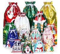 30 Pack Christmas Drawstring Gift Bags - 4 Sizes, 16 Festive Designs - Reusable Christmas Gift Wrapping Bags for Presents, Toys, Clothes & More
