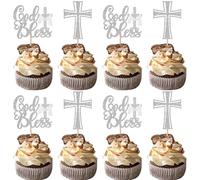 30 Pack Cross Cupcake Toppers Glitter Christianity God Bless Cupcake Picks for Religious Baptism Theme First Holy Communion Party Cake Decorations Supplies Silver