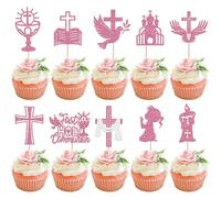 30 Pack Girl God Bless and Baptism Cupcake Toppers Glitter Dove Chalice Bible Cross Cupcake Picks First Communion Christian Baptism Theme Baby Shower Girls Birthday Party Cake Decorations