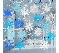 30 Pack Hanging Swirl Snowflake Decorations, Blue, Silver and White | Christmas Snow Ornaments, Swirl Decor for Ceiling, Window, Christmas Tree