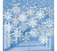 30 Pack Hanging Swirl Snowflake Decorations, White and Silver | Christmas Ceiling Decor, Winter Ornaments for Xmas Wonderland Frozen Themed Party Supplies