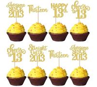 30 Pack Happy 13th Birthday Cupcake Toppers Glitter thirteen Awesome Since Straight Outta 2013 Cupcake Picks Cheers to 13 Years Cake Decorations for Happy 13th Birthday Anniversary Party Supplies Gold