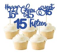 30 Pack Happy 15th Birthday Cupcake Toppers Dark Blue Glitter Fifteen Cheers to 15 Years Old Birthday Cupcake Picks for Happy 15th Birthday Anniversary Party Cake Decorations