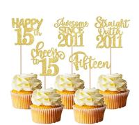 30 Pack Happy 15th Birthday Cupcake Toppers Glitter fifteen Awesome Since Straight Outta 2011 Cupcake Picks Cheers to 15 Years Cake Decorations for Happy 15th Birthday Anniversary Party Supplies Gold