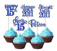 30 Pack Happy 15th Birthday Cupcake Toppers Glitter fifteen Awesome Since Straight Outta 2011 Cupcake Picks Cheers to 15 Years Cake Decorations for Happy 15th Birthday Anniversary Party Supplies Blue