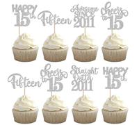 30 Pack Happy 15th Birthday Cupcake Toppers Glitter fifteen Awesome Since Straight Outta 2011 Cupcake Picks Cheers to 15 Years Cake Decorations for 15th Birthday Anniversary Party Supplies Silver