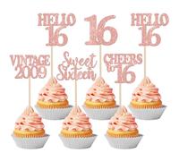 30 Pack Happy 16th Birthday Cupcake Toppers Hello 16 Cheers to 16 Years Cupcake Picks Vintage 2009 Sweet Sixteen Party Decorations for 16th Birthday Party Cake Decorations Rose Gold