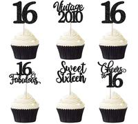 30 Pack Happy 16th Birthday Cupcake Toppers Hello 16 Cheers to 16 Years Cupcake Picks Vintage 2010 Sweet Sixteen Bday Party Decorations for 16th Birthday Party Cake Black