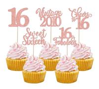 30 Pack Happy 16th Birthday Cupcake Toppers Hello 16 Cheers to 16 Years Cupcake Picks Vintage 2010 Sweet Sixteen Party Decorations for 16th Birthday Party Cake Decorations Rose Gold