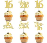 30 Pack Happy 16th Birthday Cupcake Toppers Hello 16 Cheers to 16 Years Cupcake Picks Vintage 2010 Sweet Sixteen 16th Party Decorations for 16th Birthday Party Cake Gold