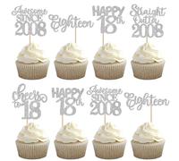 30 Pack Happy 18th Birthday Cupcake Toppers Glitter eighteen Awesome Since Straight Outta 2008 Cupcake Picks Cheers to 18 Years Cake Decorations for 18th Birthday Anniversary Party Supplies Silver