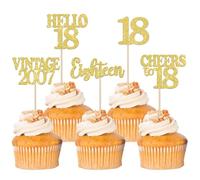30 Pack Happy 18th Birthday Cupcake Toppers Glitter Hello 18 Eighteen Vintage 2007 Cupcake Picks Cheers to 18 Party Decorations for 18th Birthday Anniversary Party Cake Decorations Gold