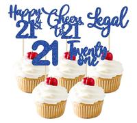30 Pack Happy 21st Birthday Cupcake Toppers Dark Blue Glitter 21 Fabulous Cheers to 21 Years Old Birthday Cupcake Picks for Happy 21st Wedding Anniversary Party Cake Decorations