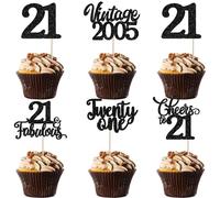 30 Pack Happy 21st Birthday Cupcake Toppers Glitter Hello 21 Twenty One Vintage 2005 Cupcake Picks Cheers to 21 Party Decorations for 21st Birthday Anniversary Party Cake Decorations Black