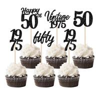 30 Pack Happy 50th Birthday Cupcake Toppers Cheers to 50 Vintage 1975 Cupcake Picks Hello 50 Fifty 50th Birthday Decorations for 50th Wedding Anniversary Birthday Party Cake Decorations Black